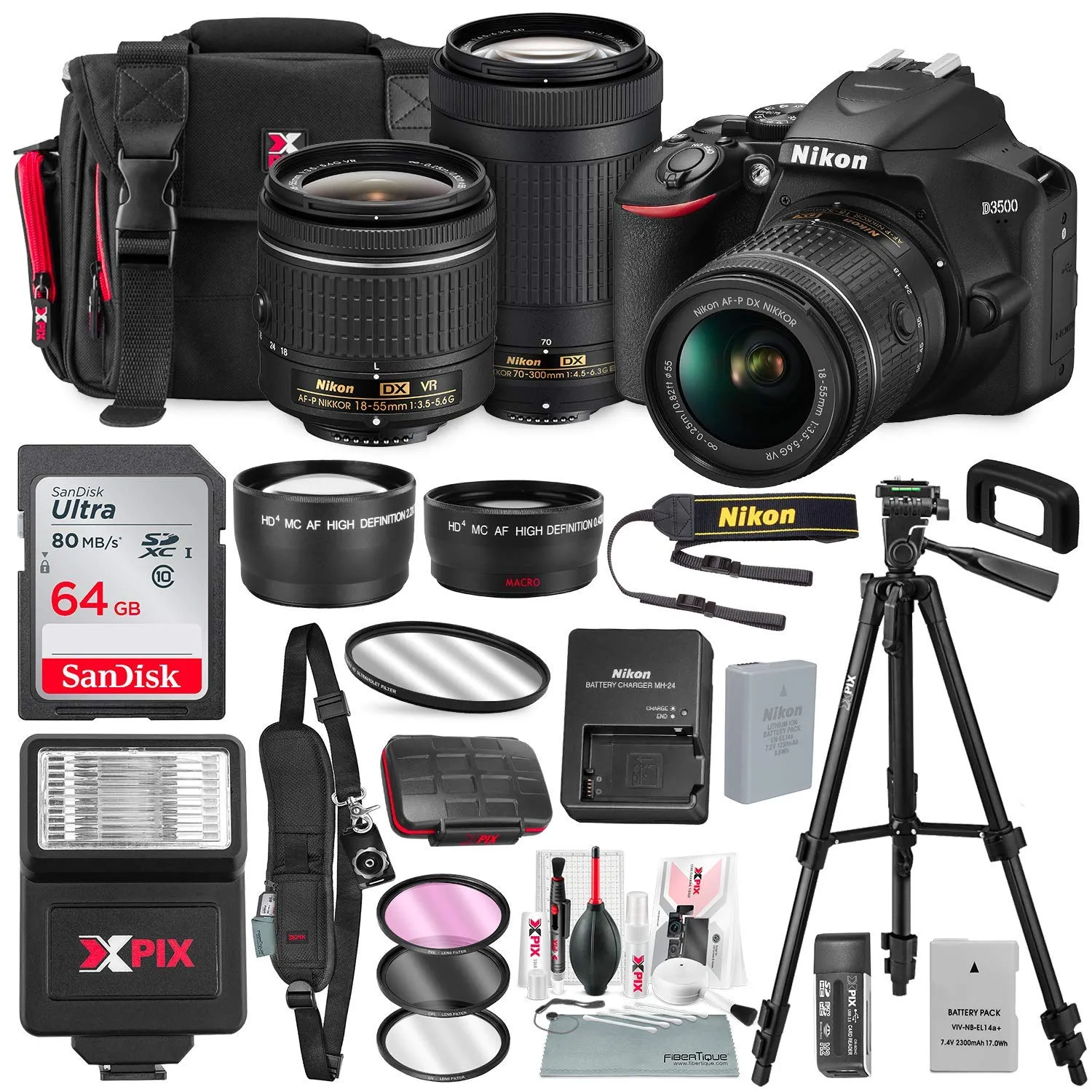 Nikon D3500 DSLR Camera Bundle with 18-55mm & 70-300mm Lenses, 64GB Card, Tripod & Flash