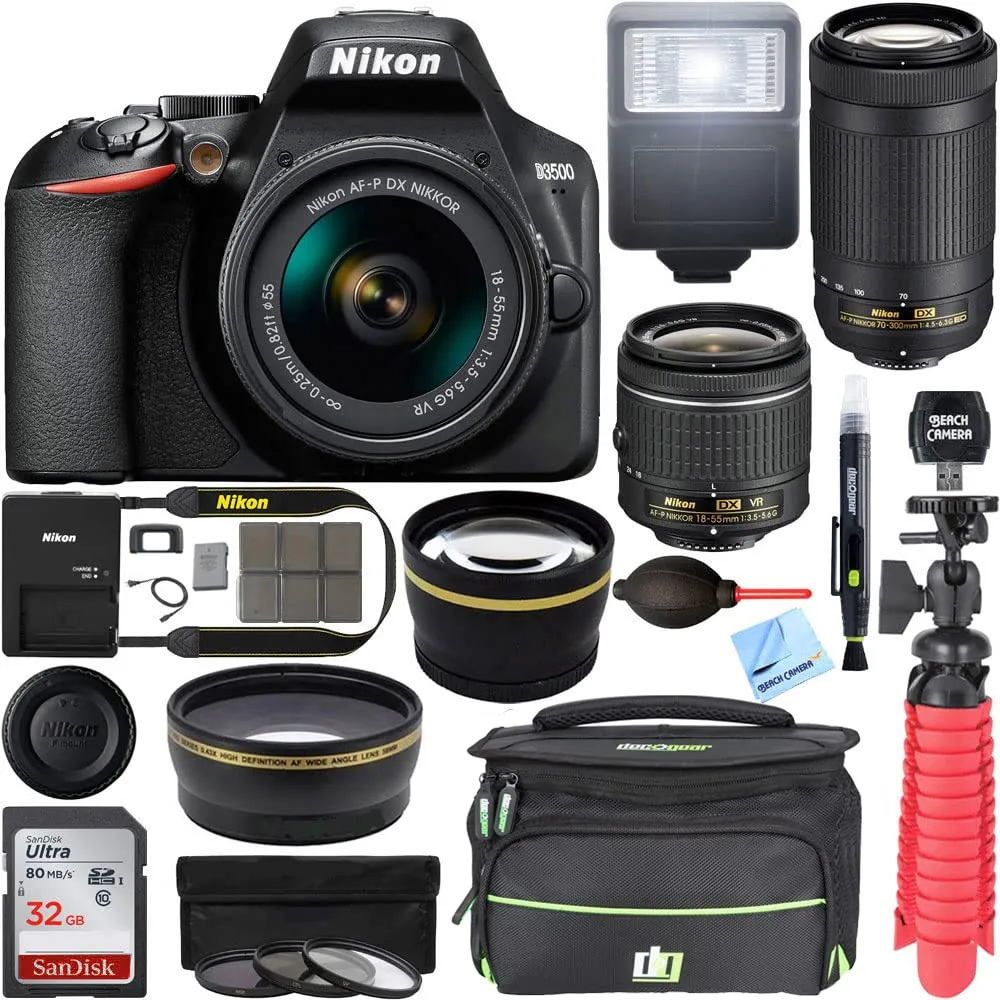 Nikon D3500 DSLR Camera Bundle with 18-55mm & 70-300mm Lenses, Travel Case & Accessories