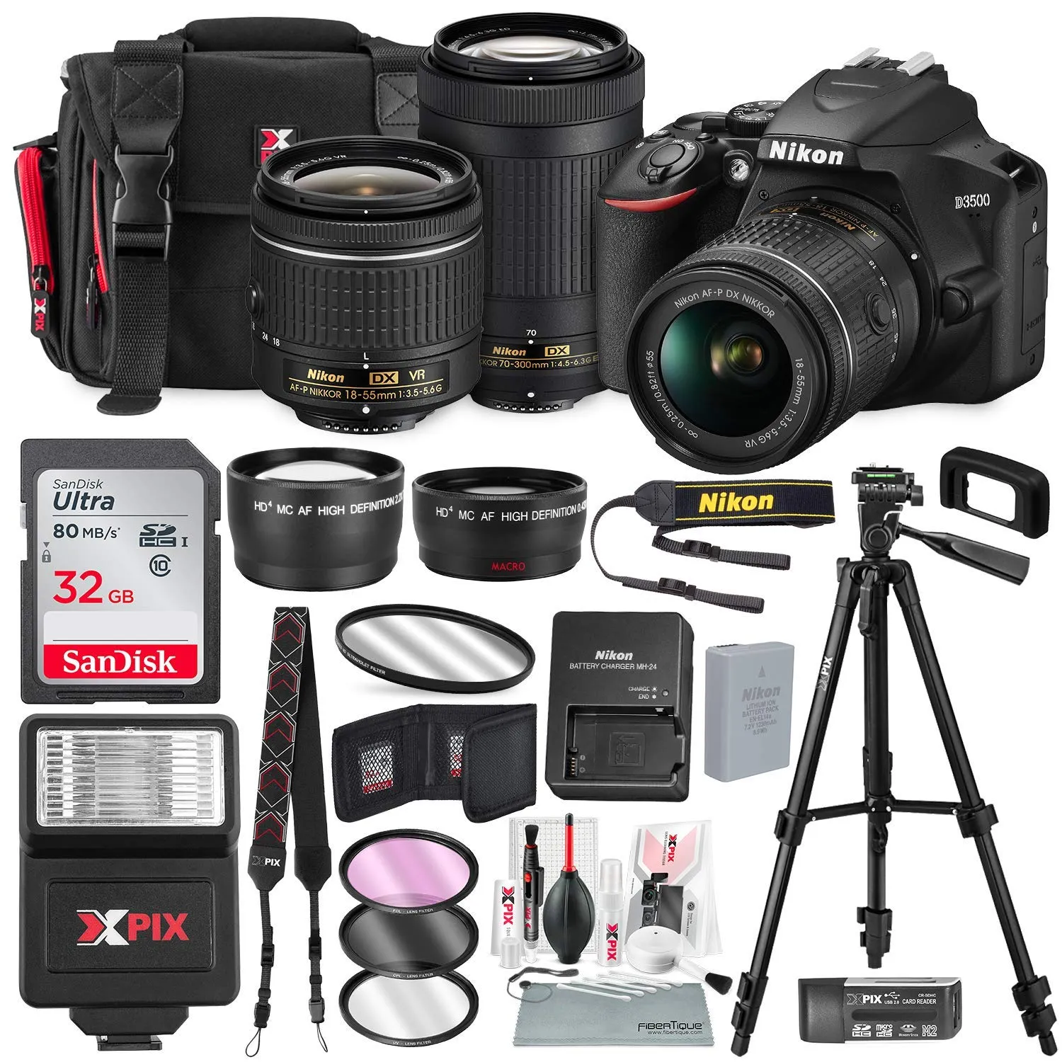 Nikon D3500 DSLR Camera with 18-55mm & 70-300mm Lenses, 32GB Card, Tripod, Flash & Bundle