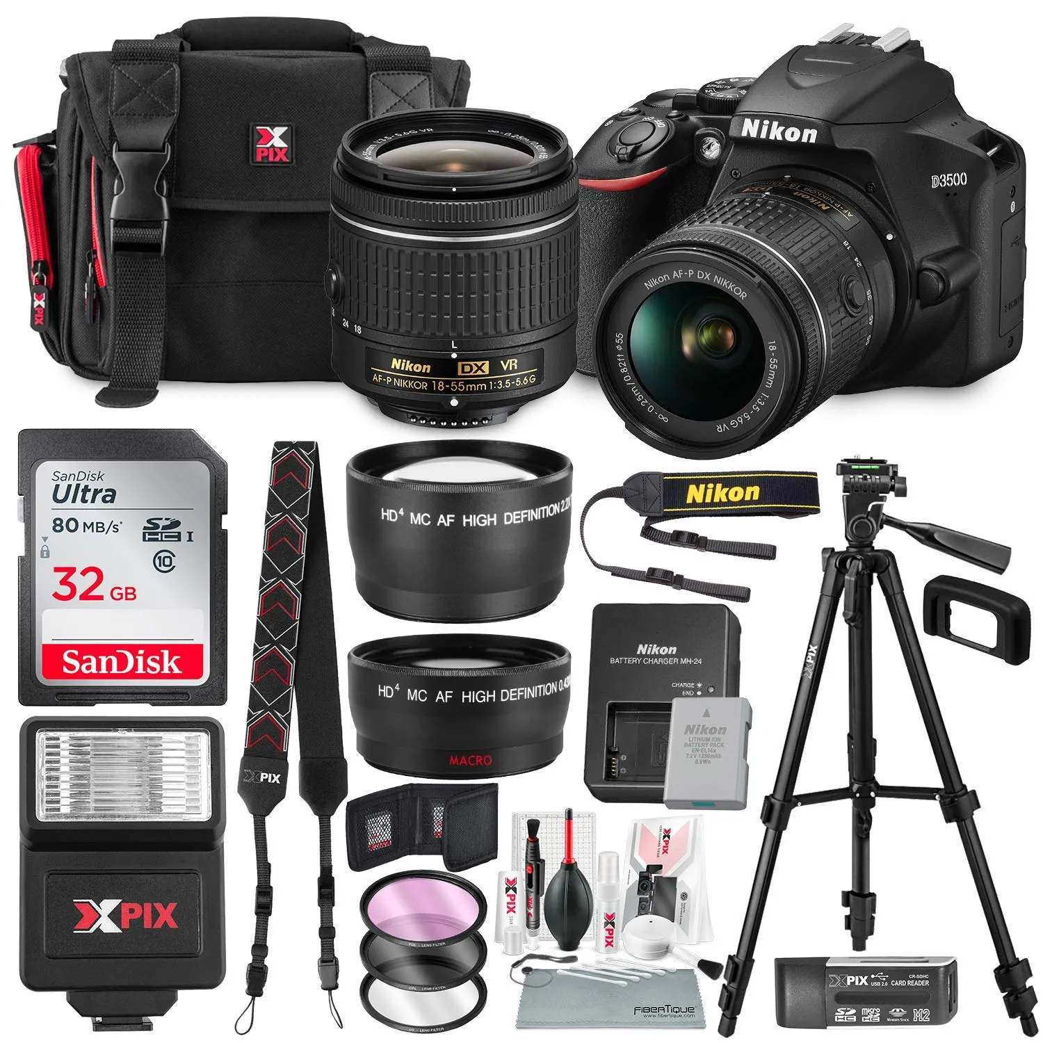 Nikon D3500 DSLR with 18-55mm VR Lens, 32GB Card, Flash, Tripod & Deluxe Bundle