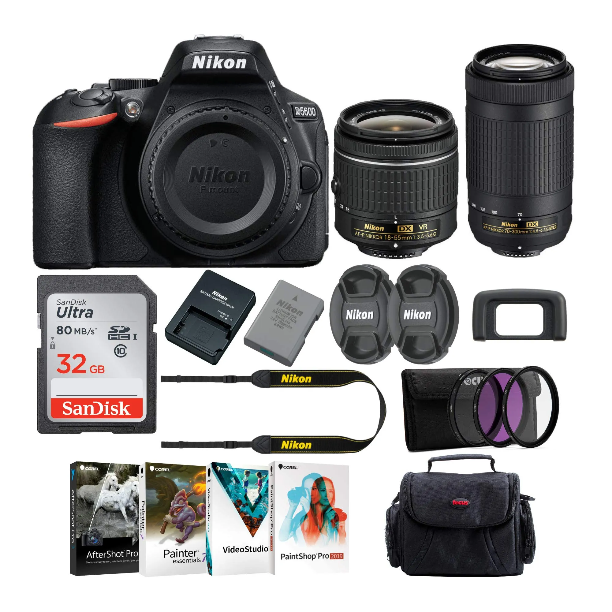 Nikon D5600 DSLR Camera Bundle with 18-55mm & 70-300mm Lenses, 32GB Card & Accessories