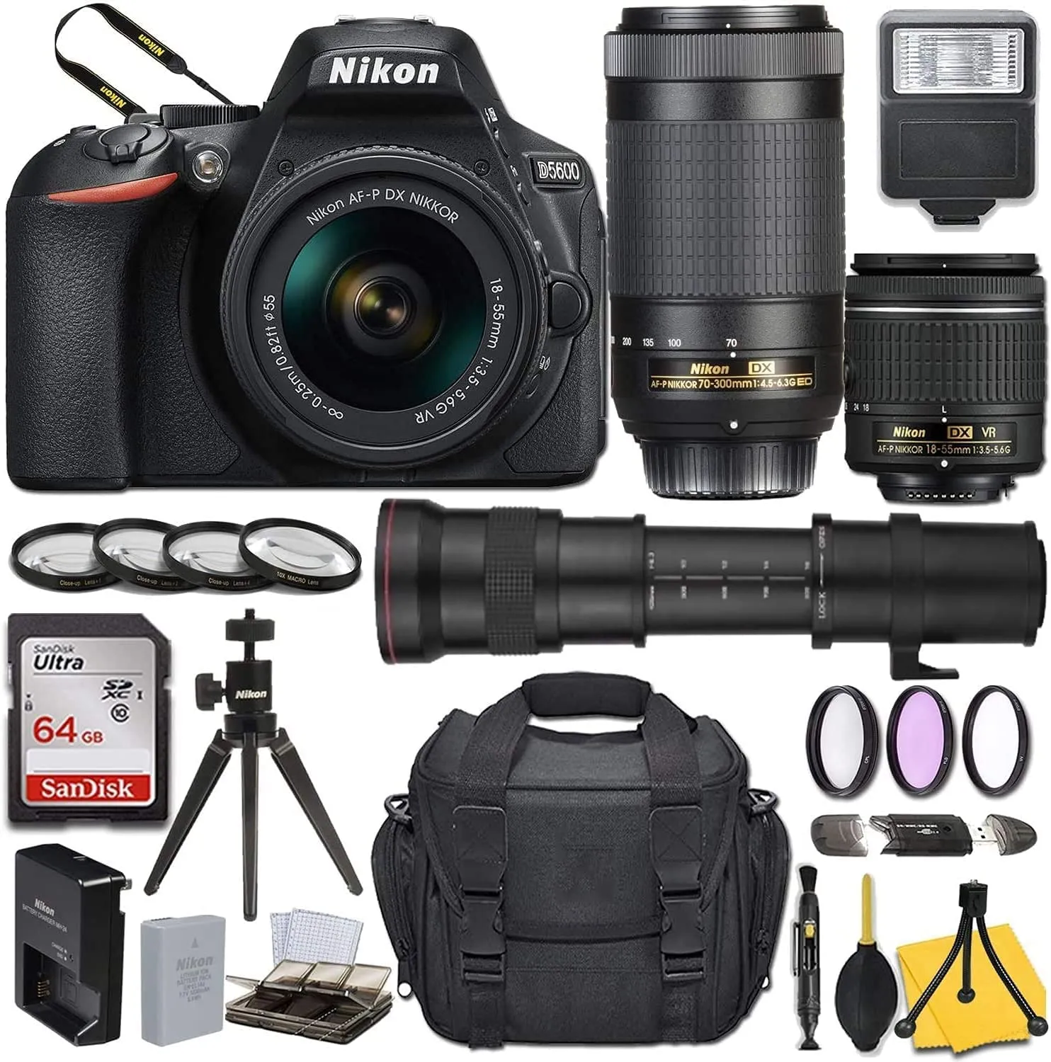 Nikon D5600 DSLR Camera Bundle with 18-55mm & 70-300mm Lenses, 420-800mm Zoom, Travel Kit