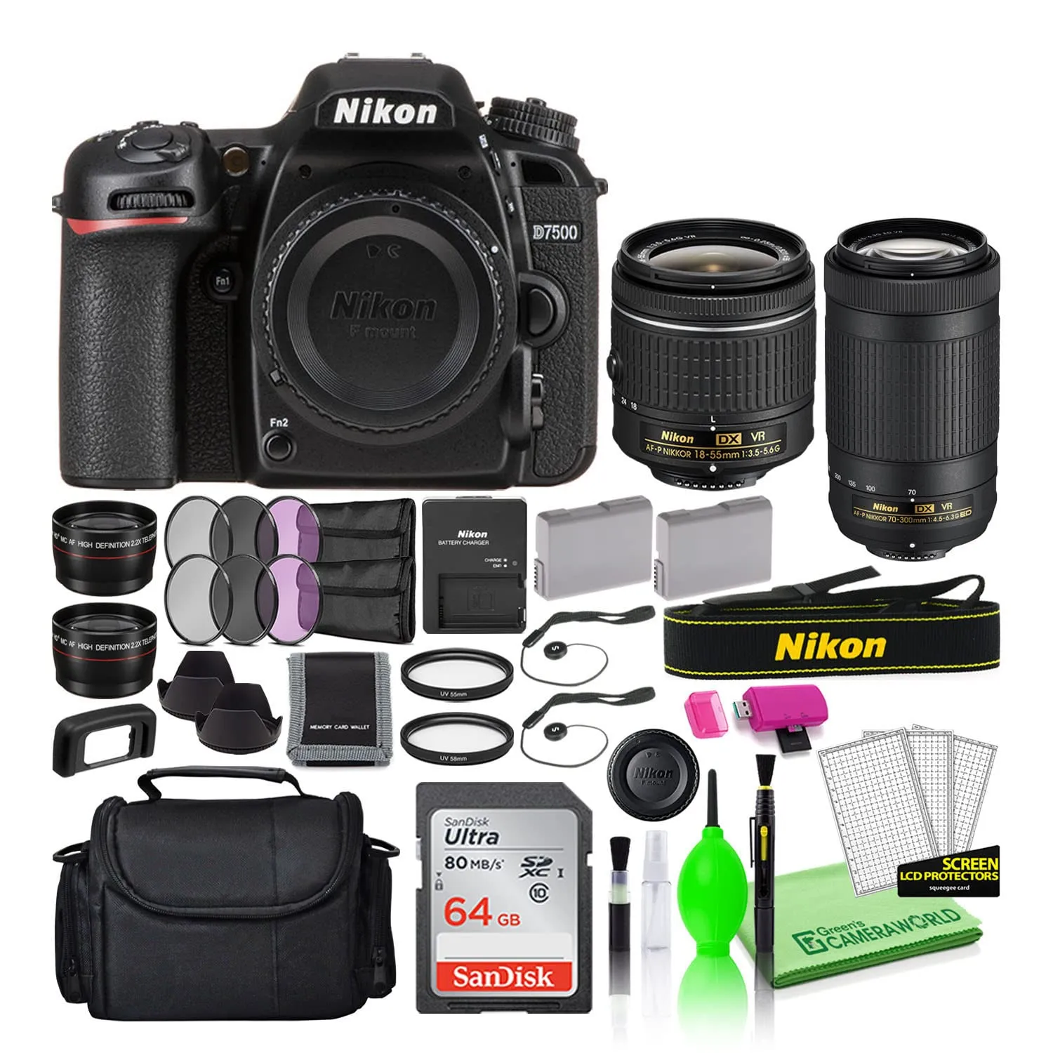 Nikon D7500 20.9MP DSLR Camera with 18-55mm & 70-300mm Lenses, Deluxe Bundle, 64GB Card