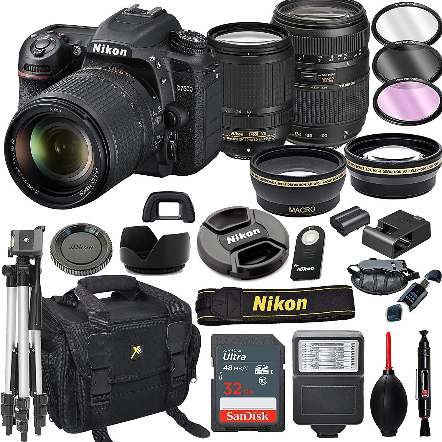 Nikon D7500 DSLR Camera Bundle with 18-140mm & 70-300mm Lenses, Tripod, Flash, 32GB Card