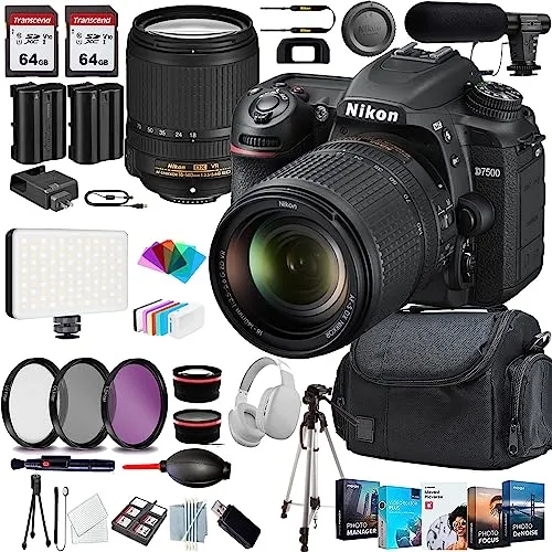 Nikon D7500 DSLR Camera Bundle with 18-140mm Lens, Microphone, Photo Software, & Accessories