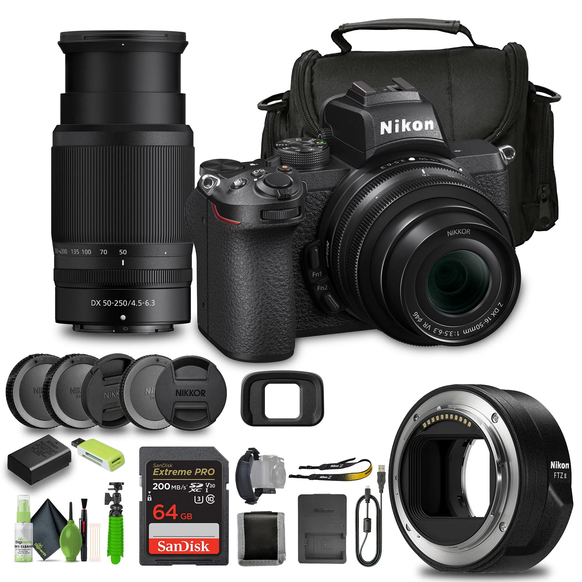 Nikon Z50 Compact Mirrorless Camera Bundle with 16-50mm & 50-250mm Lenses, 64GB Card