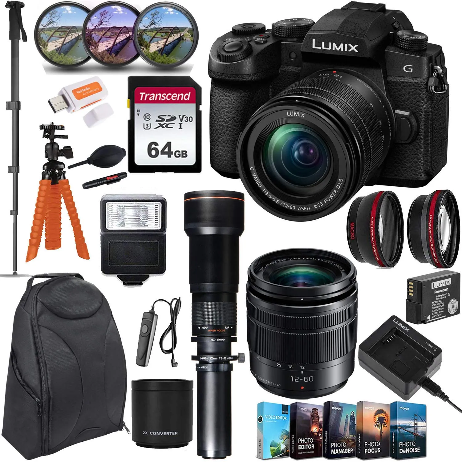 Panasonic Lumix DC-G95 Mirrorless Camera Bundle with 12-60mm & 650-1300mm Lens, 64GB Card