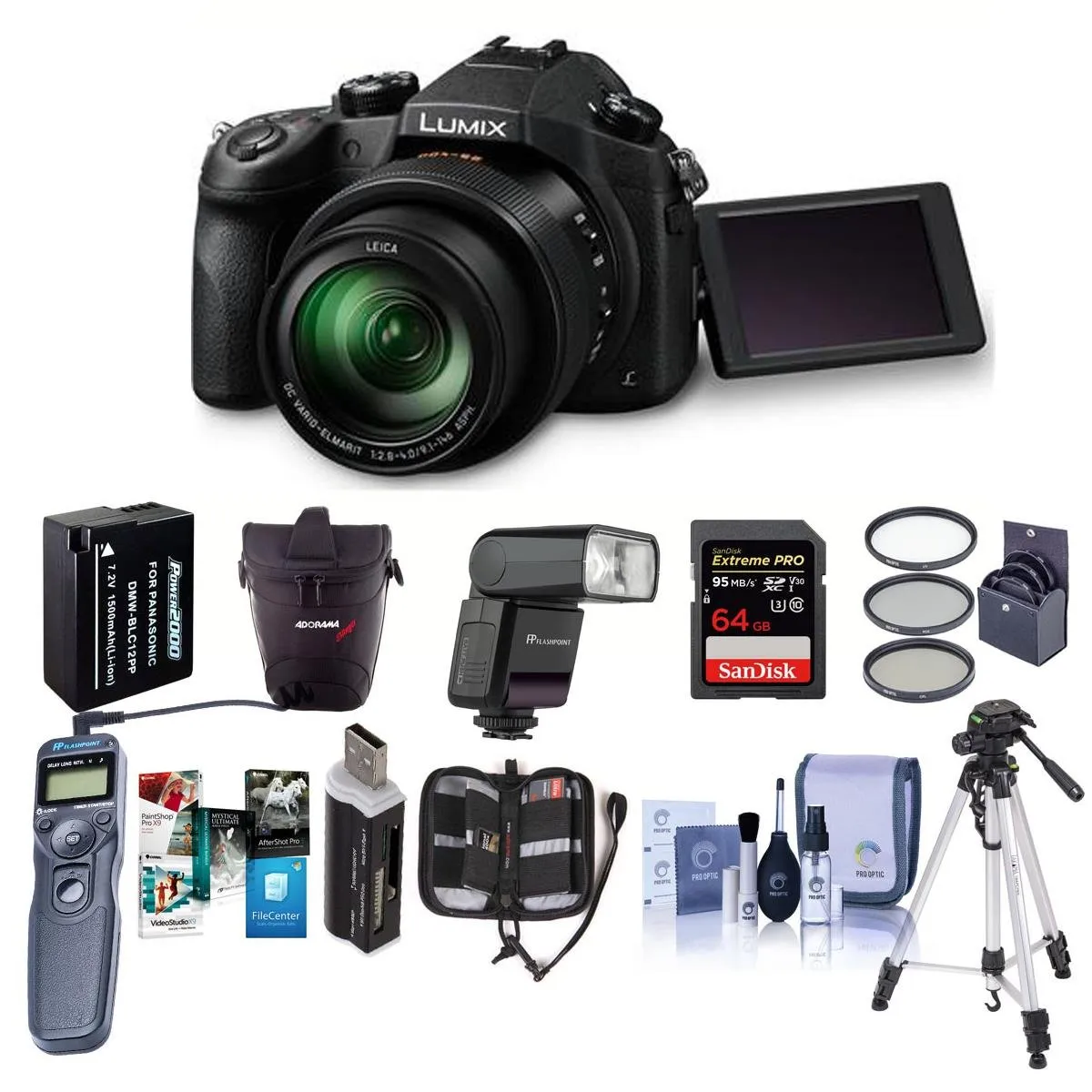 Panasonic Lumix DMC-FZ1000 Camera Bundle with 64GB Card, Case, Battery, Tripod, Flash, Remote