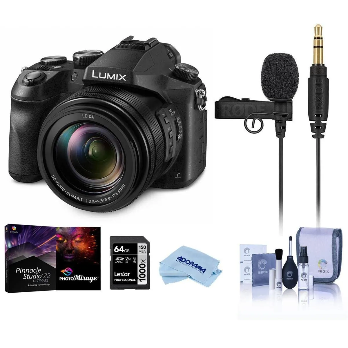 Panasonic Lumix DMC-FZ2500 Camera Bundle with Rode Microphone, 64GB Card, Cleaning Kit