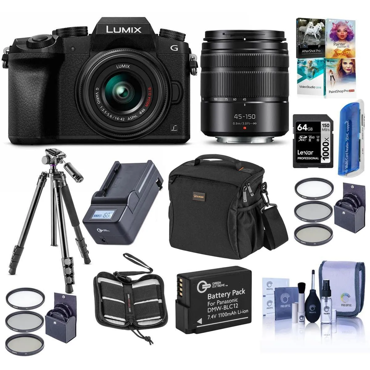 Panasonic Lumix DMC-G7 Mirrorless Camera Bundle with 14-42mm & 45-150mm Lenses - Black