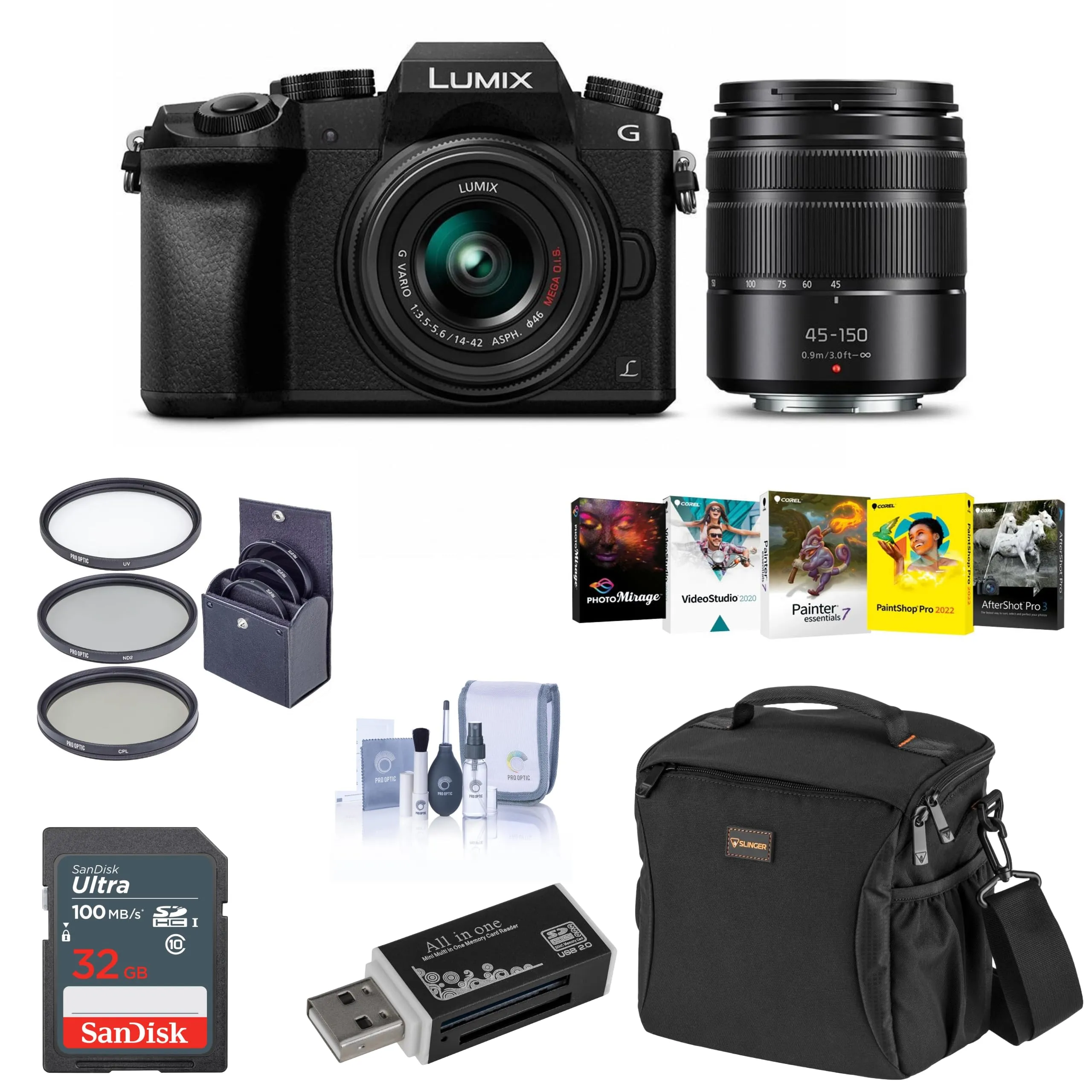 Panasonic Lumix DMC-G7 Mirrorless Camera Bundle with 14-42mm & 45-150mm Lenses, Black