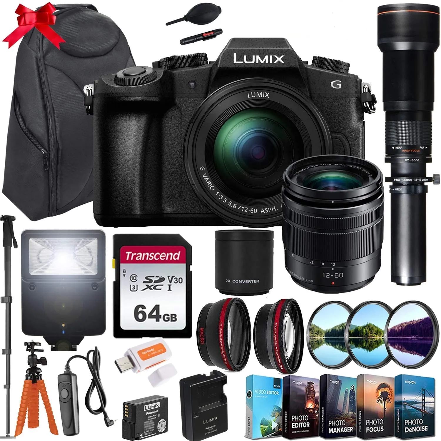 Panasonic Lumix DMC-G85 Mirrorless Camera Bundle with 12-60mm & 650-1300mm Lens, 64GB Card