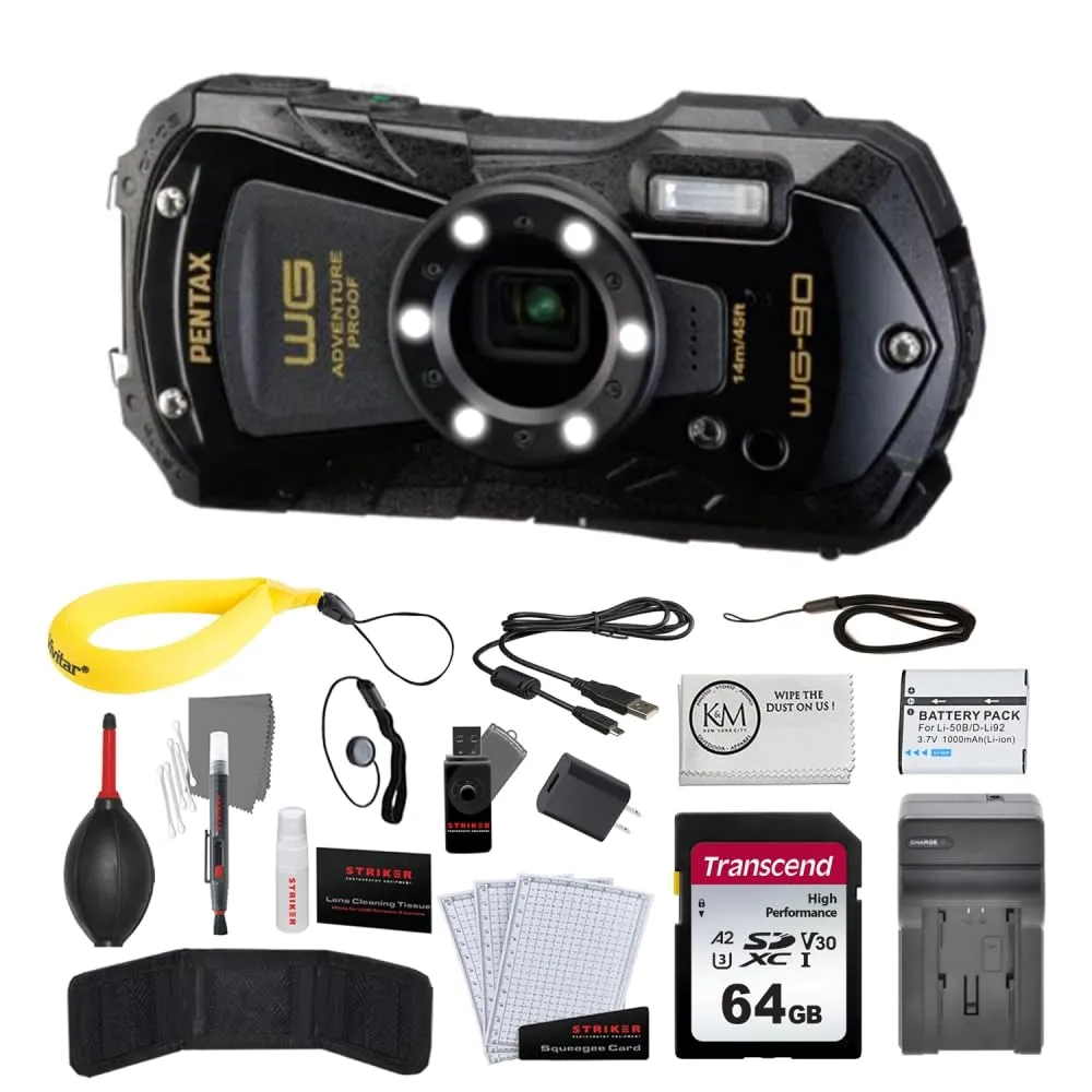 Pentax WG-90 Digital Camera Bundle - Waterproof, Shockproof, Includes 64GB Card & Photo Kit