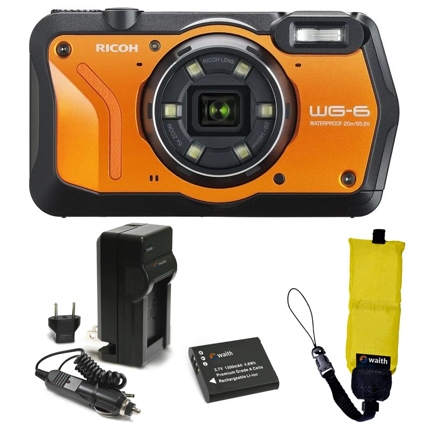 RICOH WG-6 20MP Waterproof Camera with 4K Video, Durable Design & Rechargeable Battery Bundle