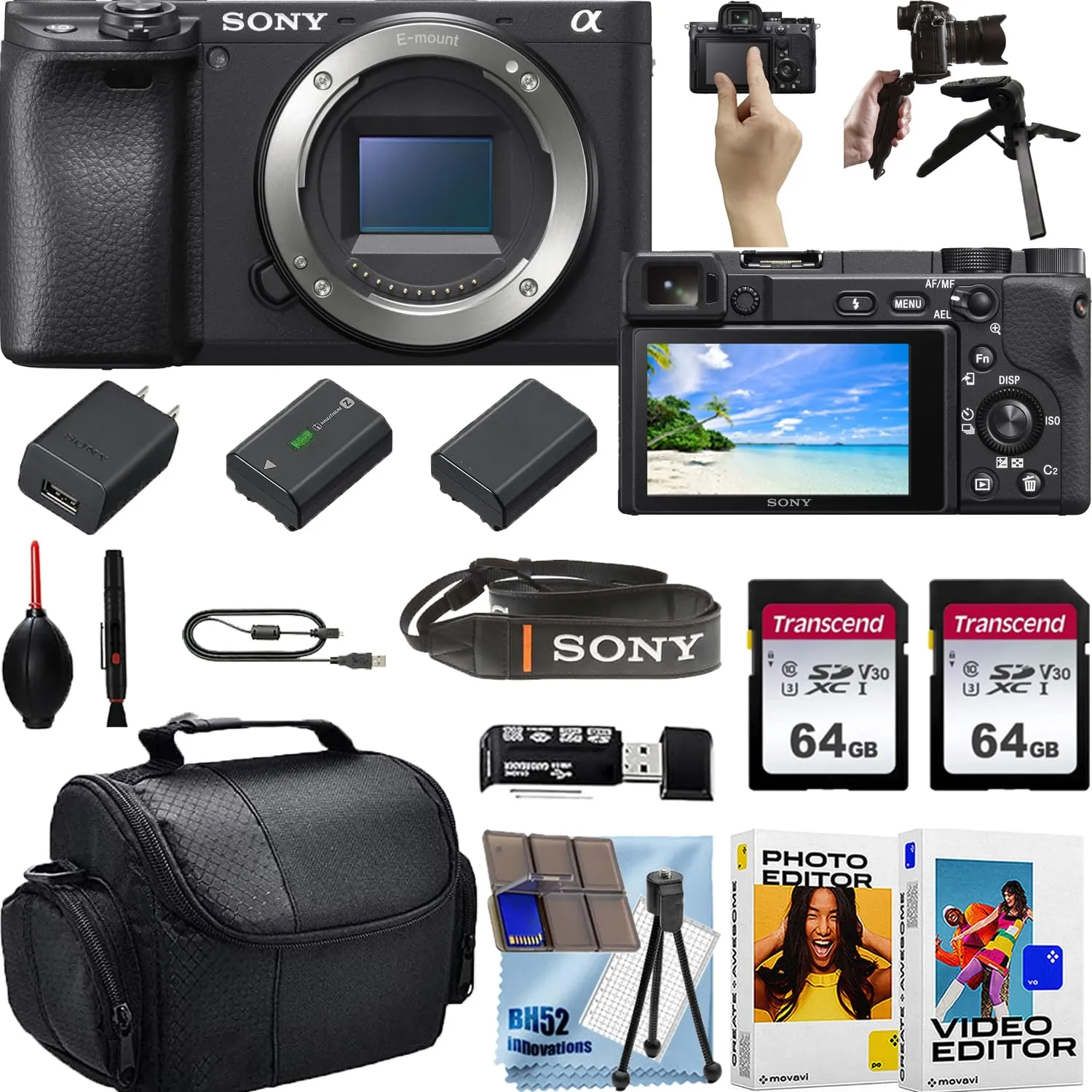 Sony a6400 24.1MP 4K Camera Bundle with 2x64GB Cards, Tripod, Battery & Software (Renewed)