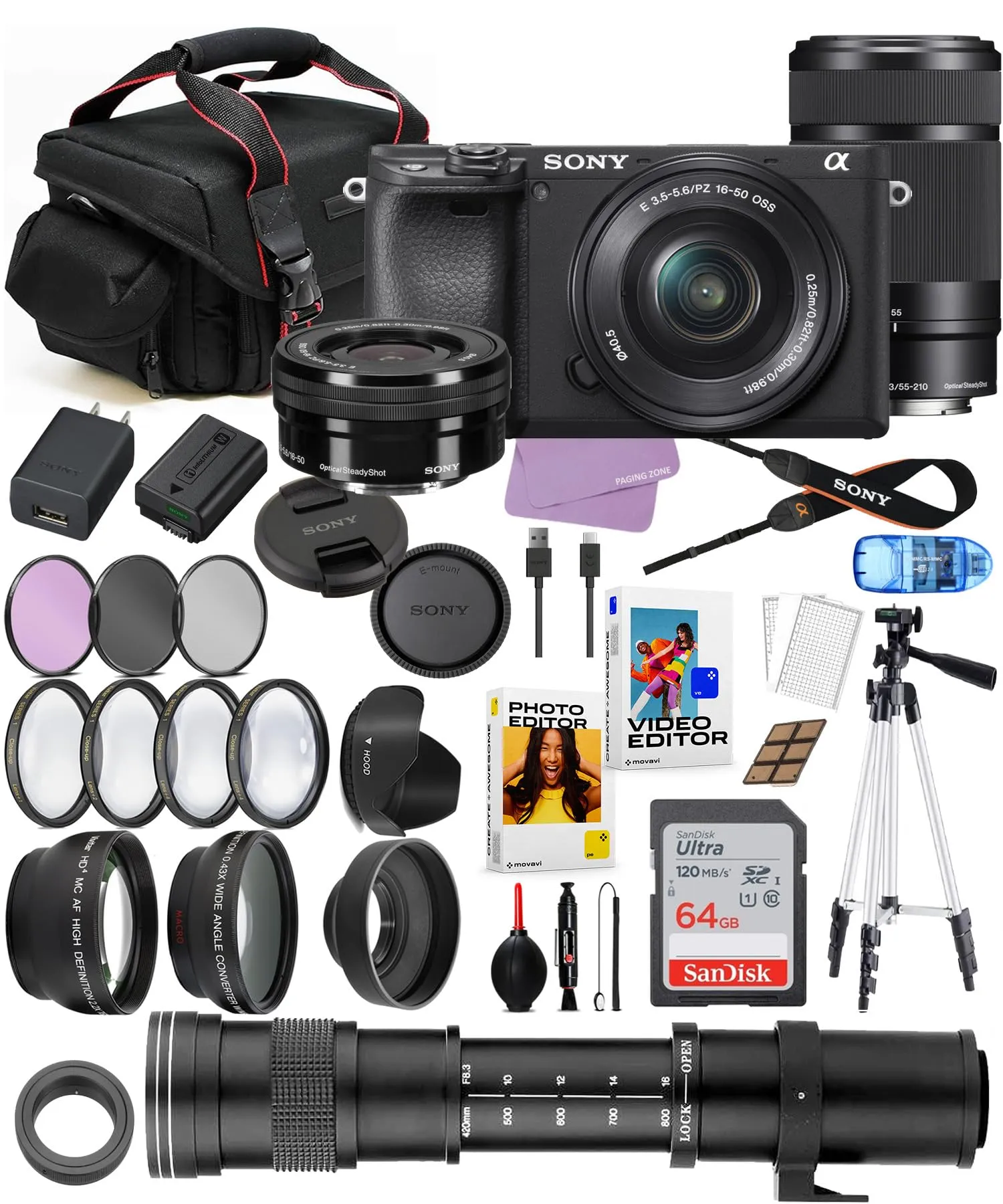 Sony A6400 Mirrorless Camera Bundle with 16-50mm, 55-210mm, 420-800mm Lens & Accessories