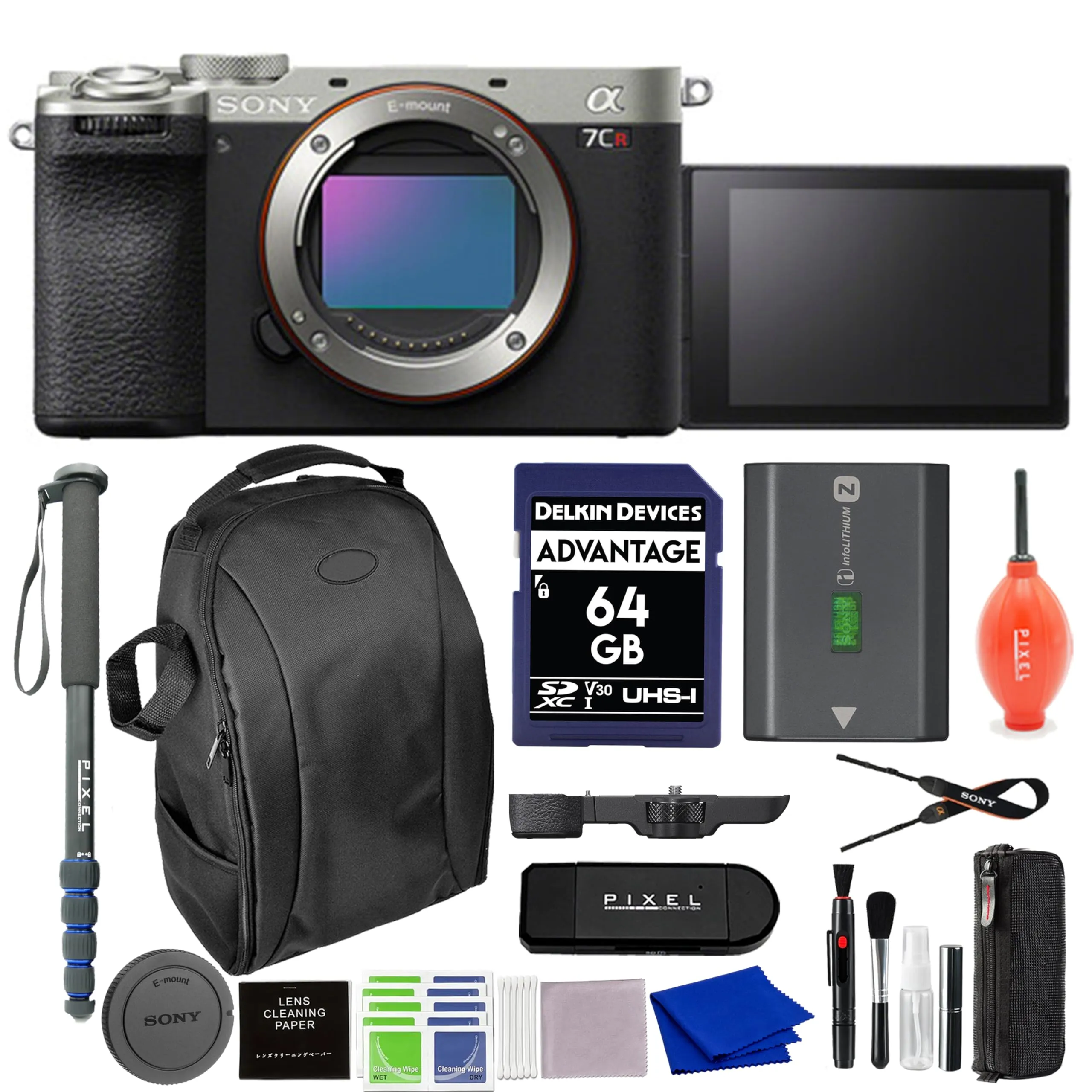 Sony Alpha 7CR Full-Frame Hybrid Camera Bundle (Silver) with Backpack, Monopod & Accessories