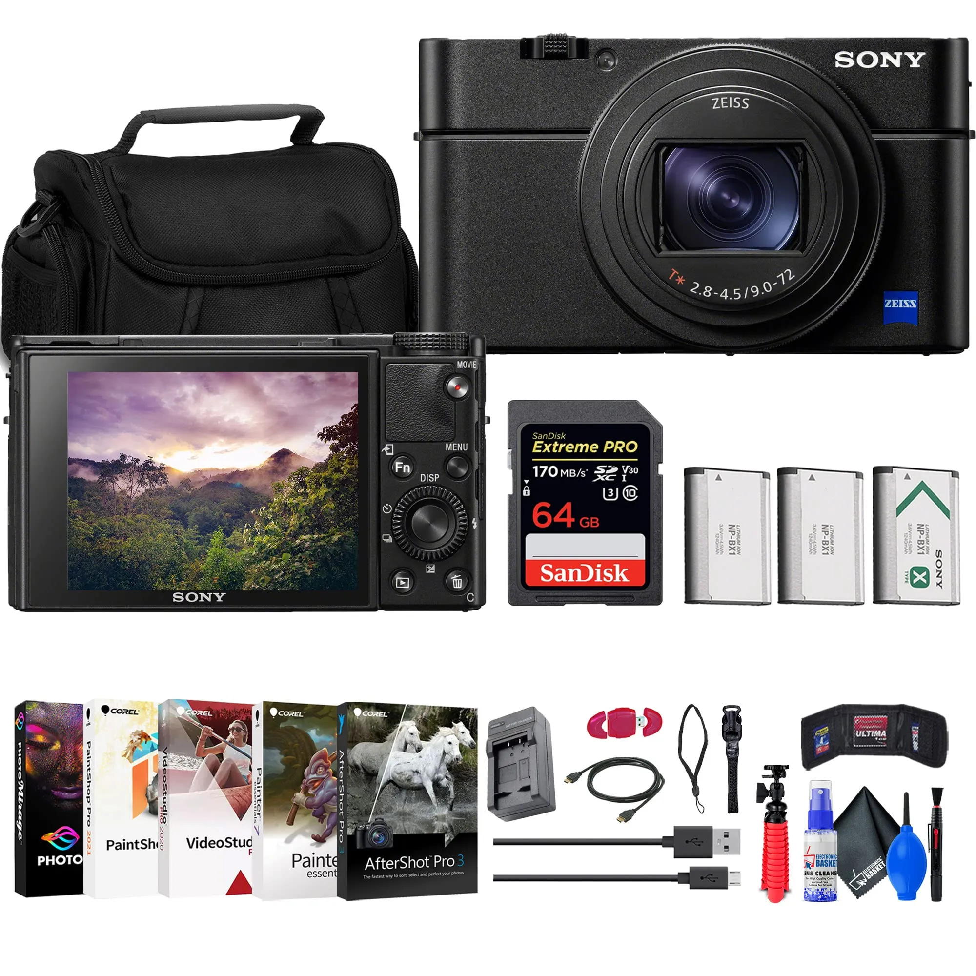 Sony Cyber-Shot DSC-RX100 VII Camera Bundle with 64GB Card, Case, Batteries, Tripod & Software