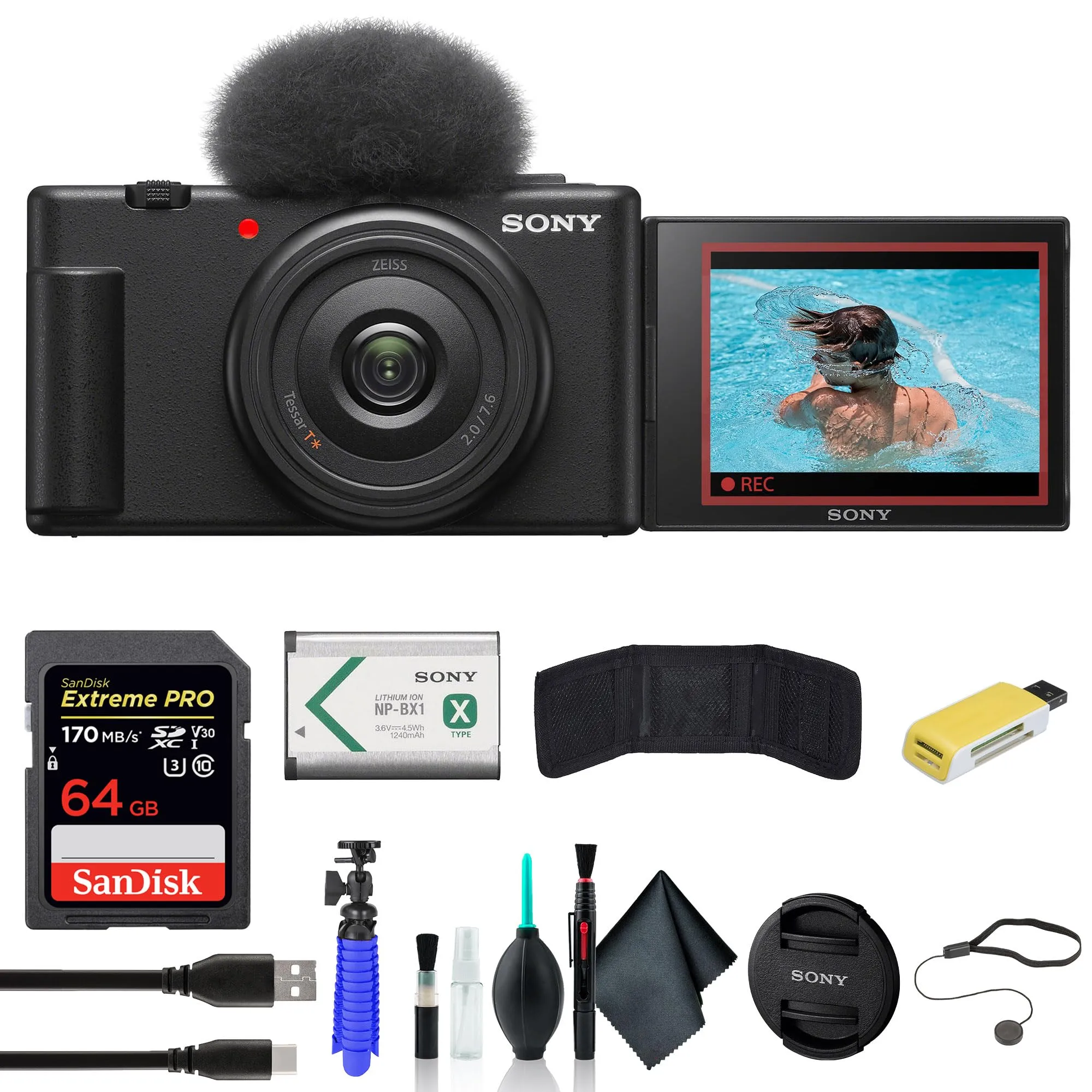 Sony ZV-1F Vlogging Camera Bundle - Black, 64GB Card, Tripod, Case & Cleaning Kit