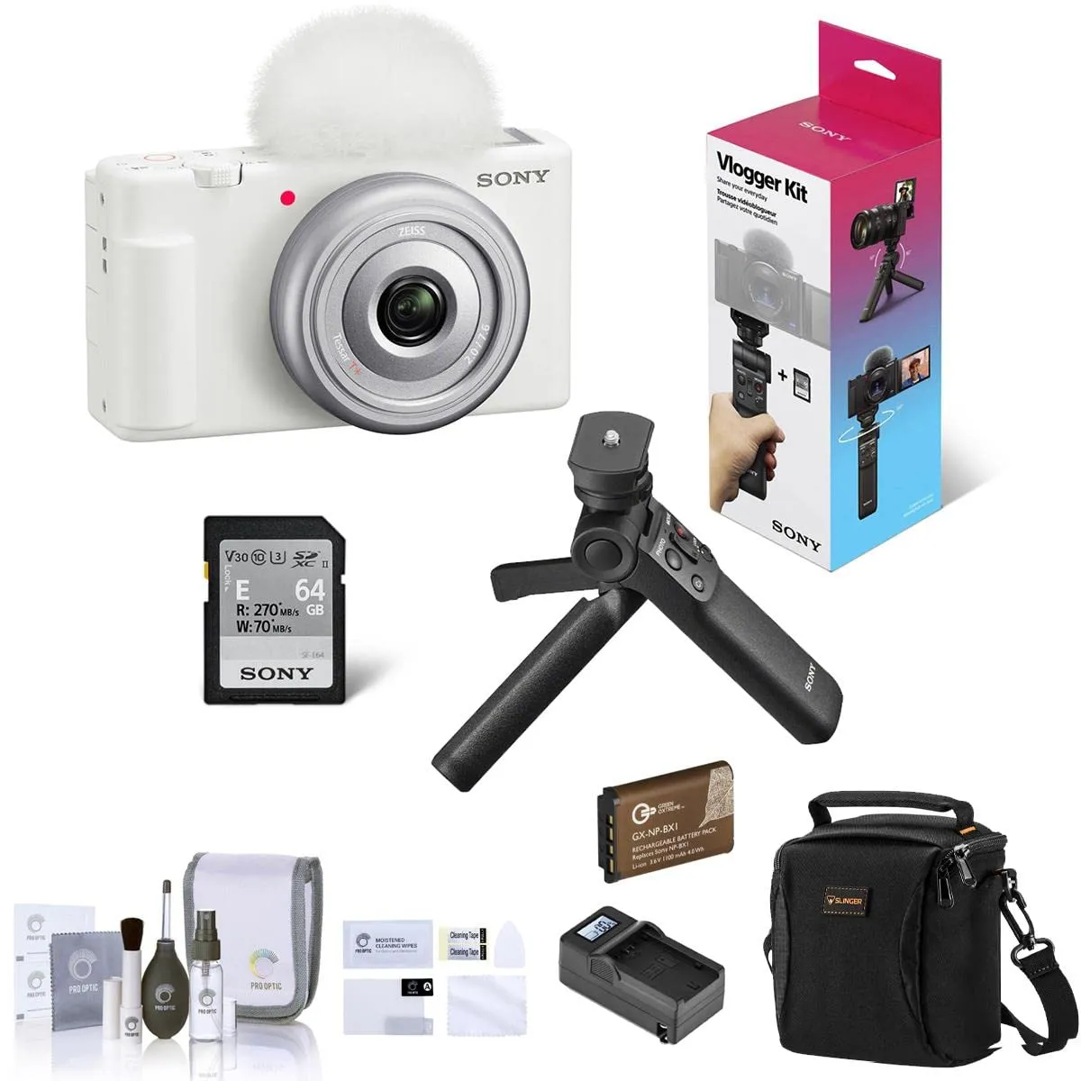 Sony ZV-1F Vlogging Camera White with Accessories, Extra Battery, Charger & Cleaning Kit