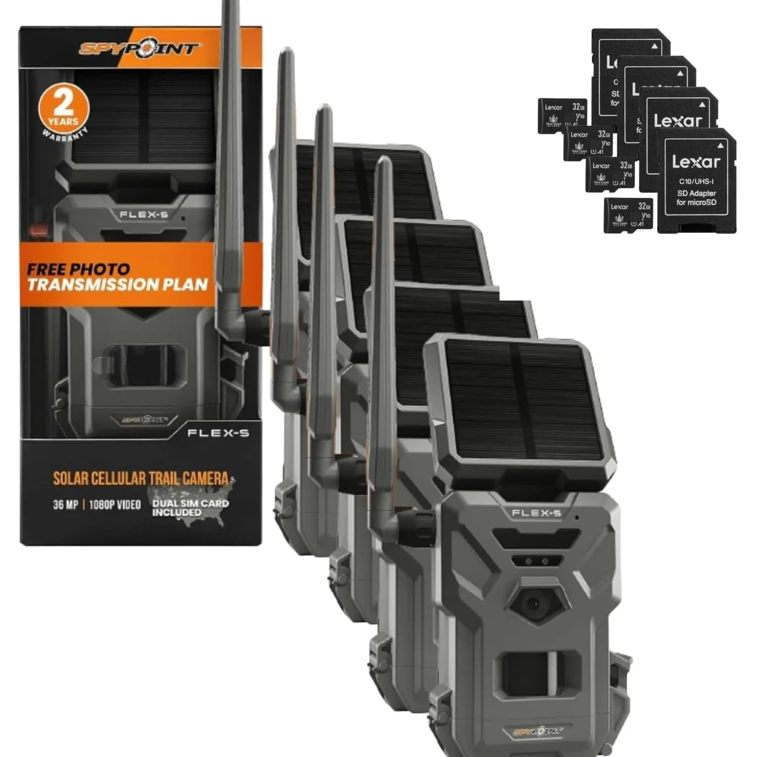 SPYPOINT Flex-S Solar Cellular Trail Camera 4pk with Integrated Solar Panel & LTE Connectivity