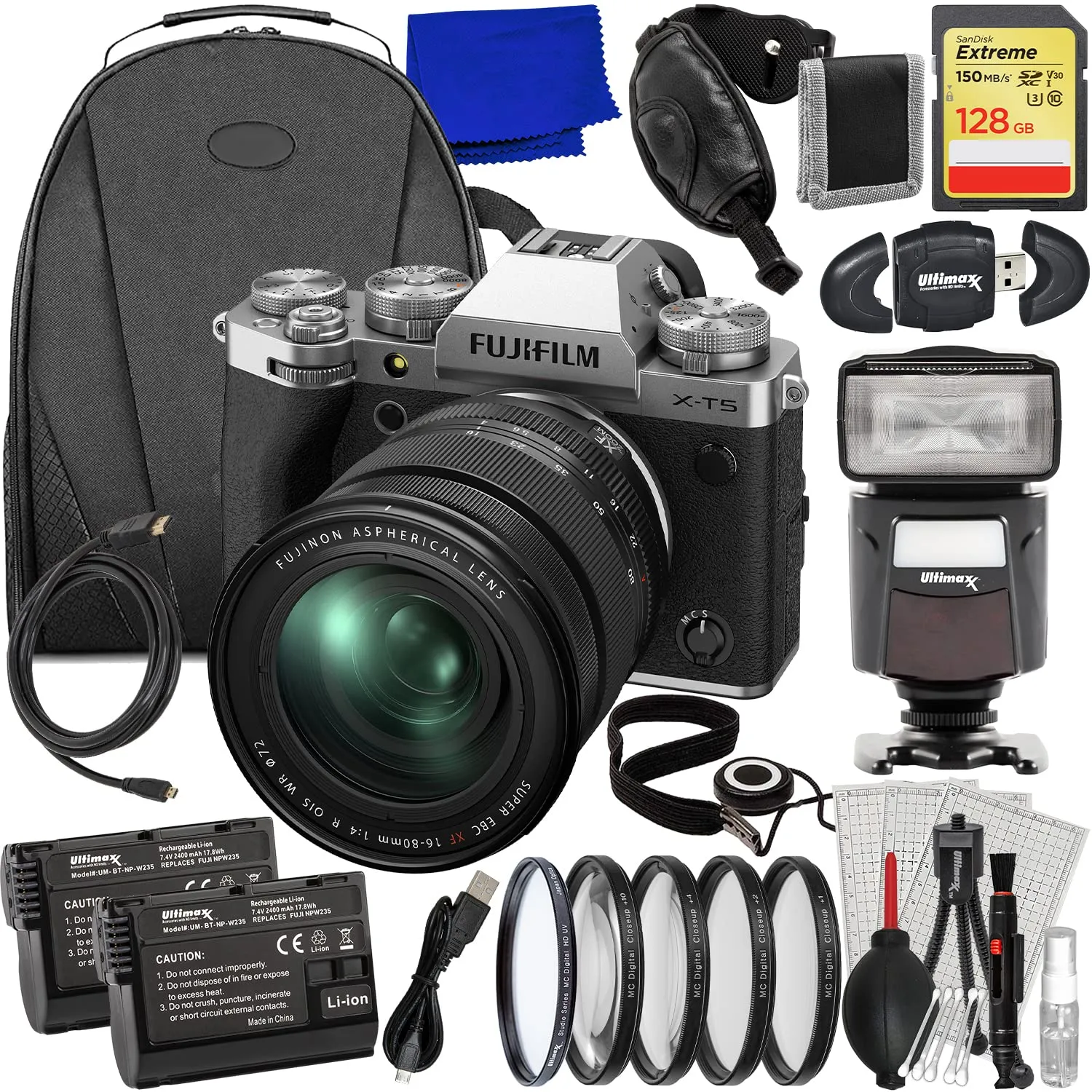 Ultimaxx Advanced FUJIFILM X-T5 Bundle with 16-80mm Lens, 128GB Card, 2 Batteries, Speedlite