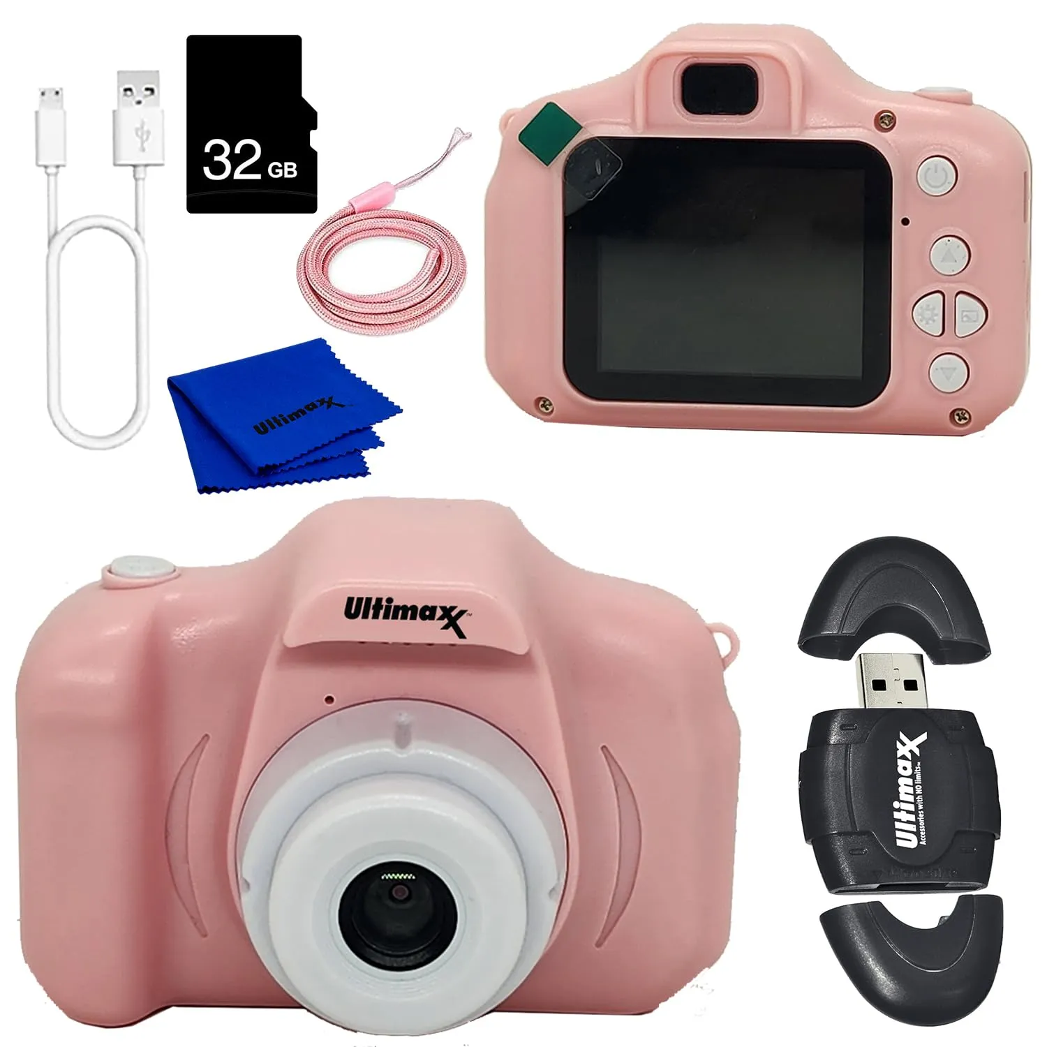 Ultimaxx Essential Kid’s Digital Camera Bundle (Pink) with 32GB Card, Reader, Lanyard & Games