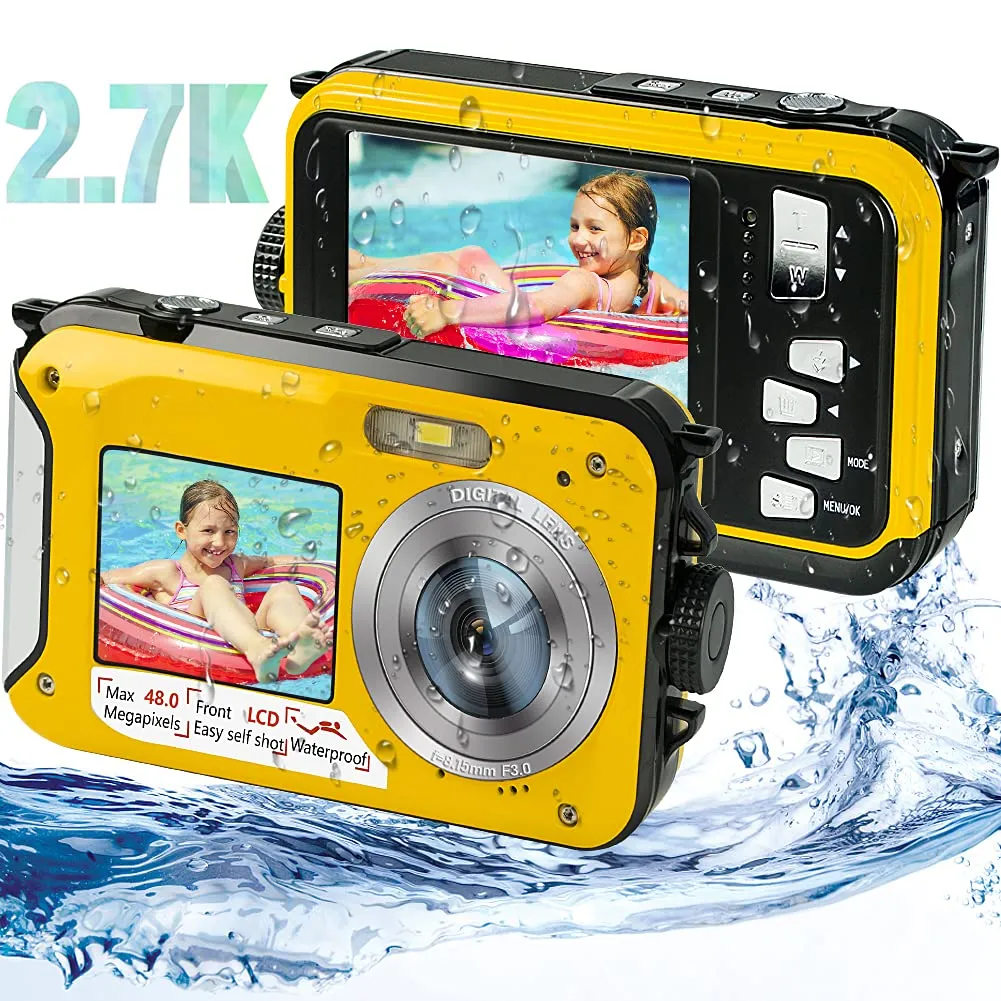 Waterproof Digital Camera 48MP Full HD 2.7K Underwater with Dual Screen & 16X Zoom